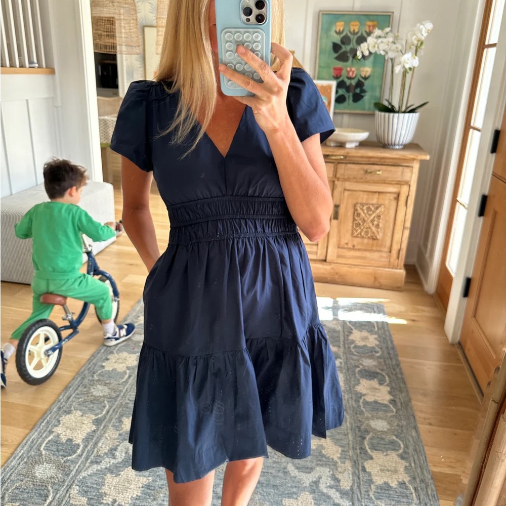 Women's Navy V-Neck Smocked Waist Mini Dress - Picture 2 of 10